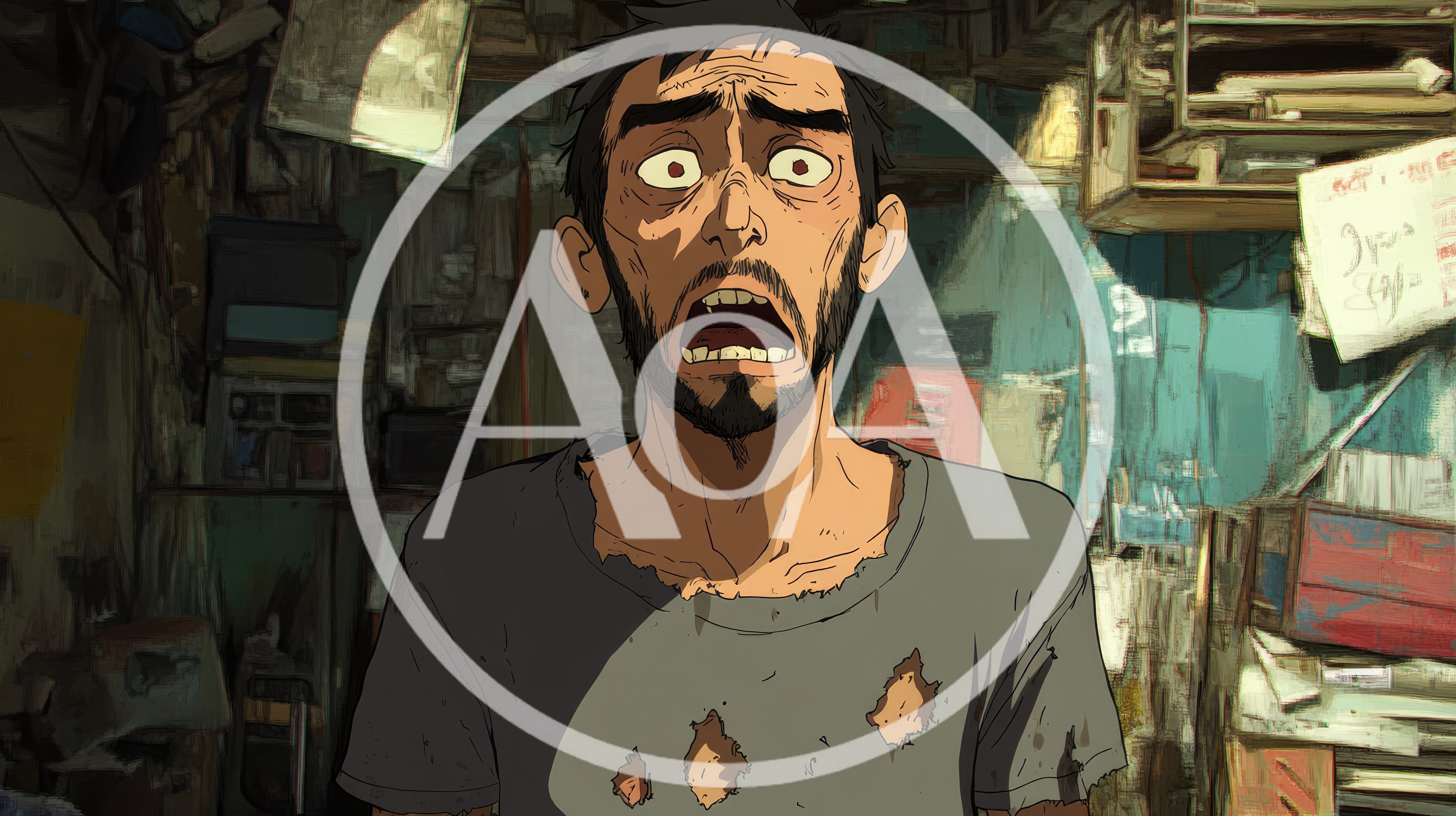 Shocked Man With Scruffy Beard In Dilapidated Room