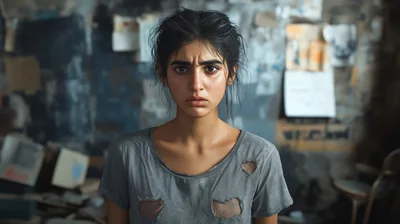 Portrait Of A Distressed Young Woman In A Ruined Room