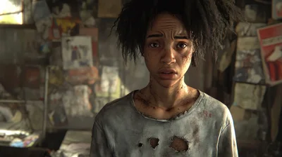 Distressed Young Woman With Injuries In Dilapidated Room