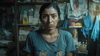 Portrait Of A Distressed Woman In A Cluttered Room