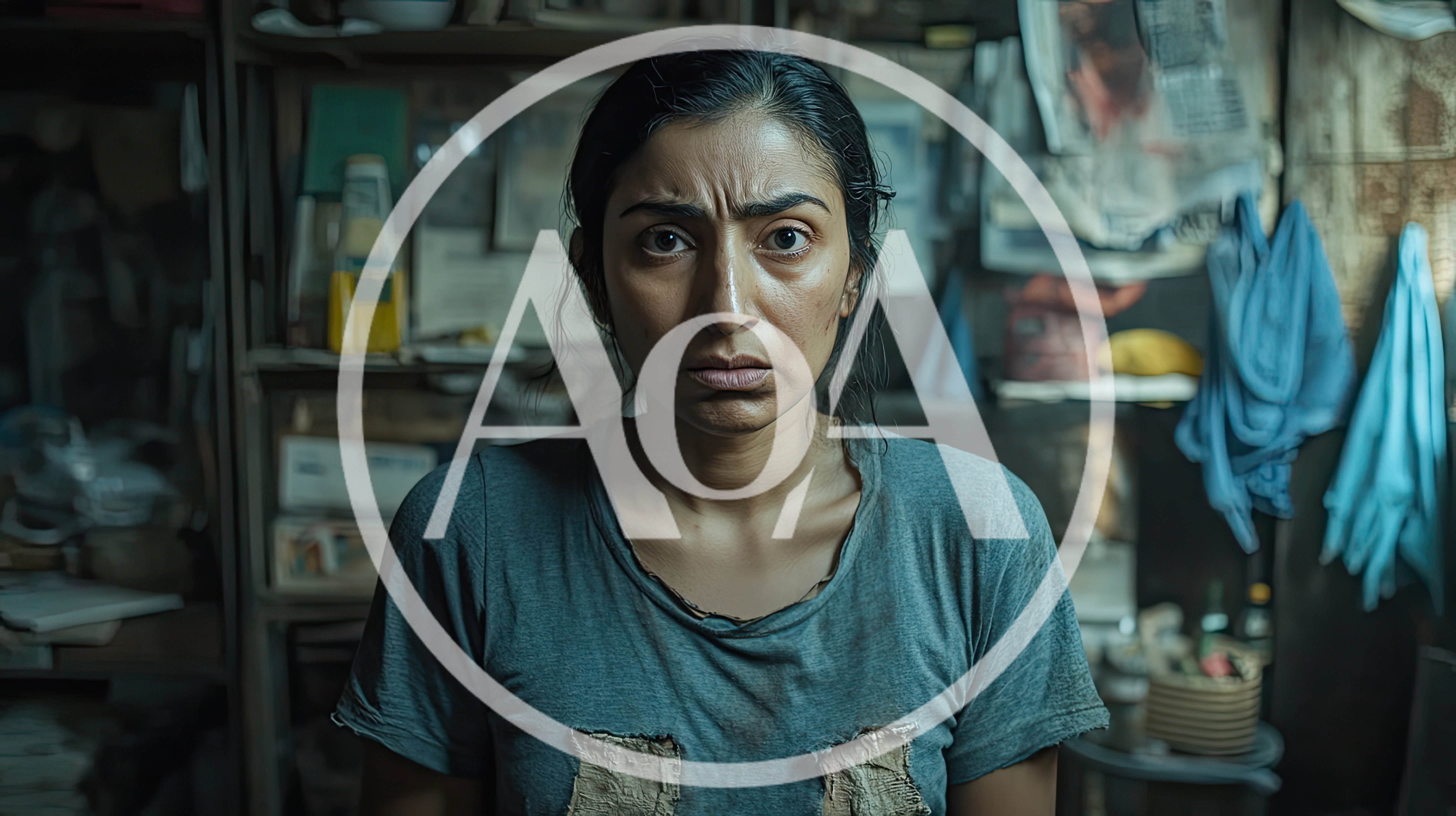 Portrait Of A Distressed Woman In A Cluttered Room