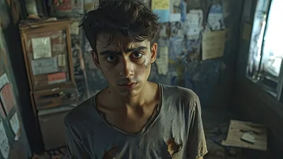 Young Man With Disheveled Appearance In A Dilapidated Room