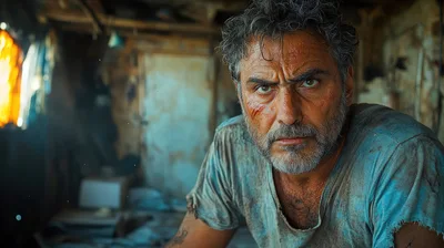 Gritty Portrait Of A Weathered Man In A Dilapidated Room