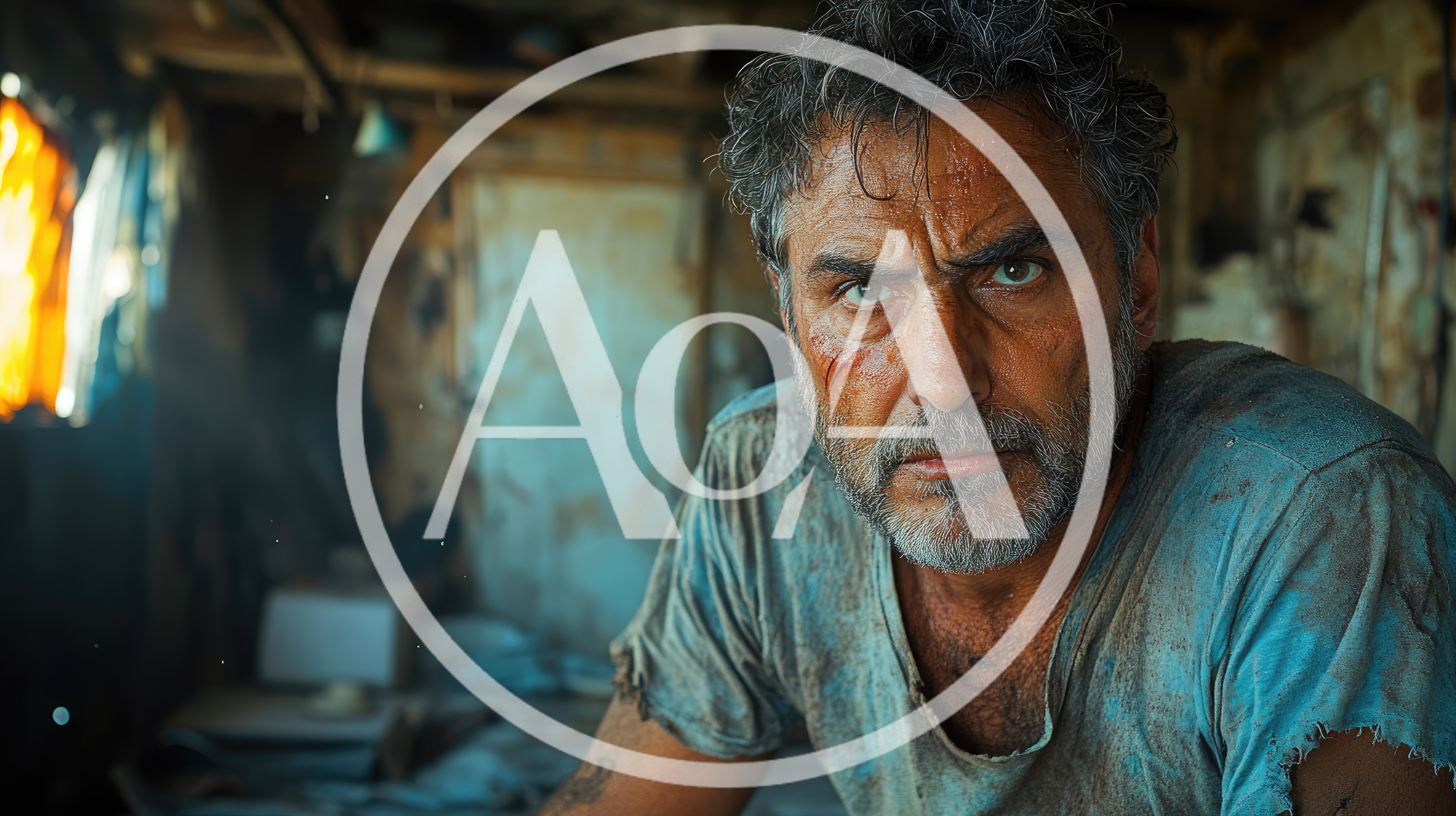 Gritty Portrait Of A Weathered Man In A Dilapidated Room
