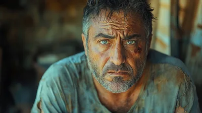 Portrait Of A Weathered Man With A Bruised Face