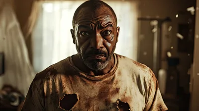 Distressed Man With Dirty Torn Shirt Looking At Camera