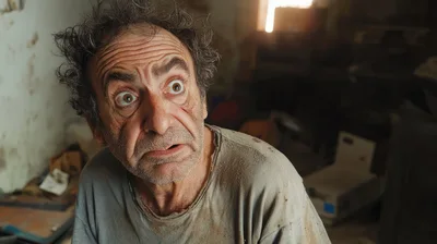Scared Disheveled Man Looking Around In A Dark Room