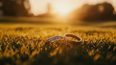 Two Wedding Rings Resting On Grassy Field At Sunset