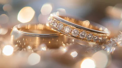 Two Elegant Gold Wedding Rings With Sparkling Diamonds