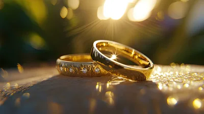 Two Gold Wedding Rings Resting On A Textured Surface