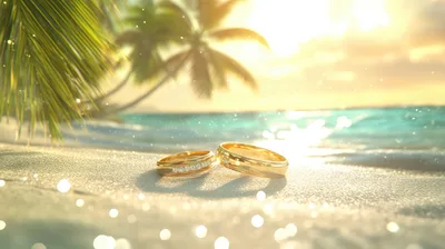 Two Gold Wedding Rings On A Tropical Beach