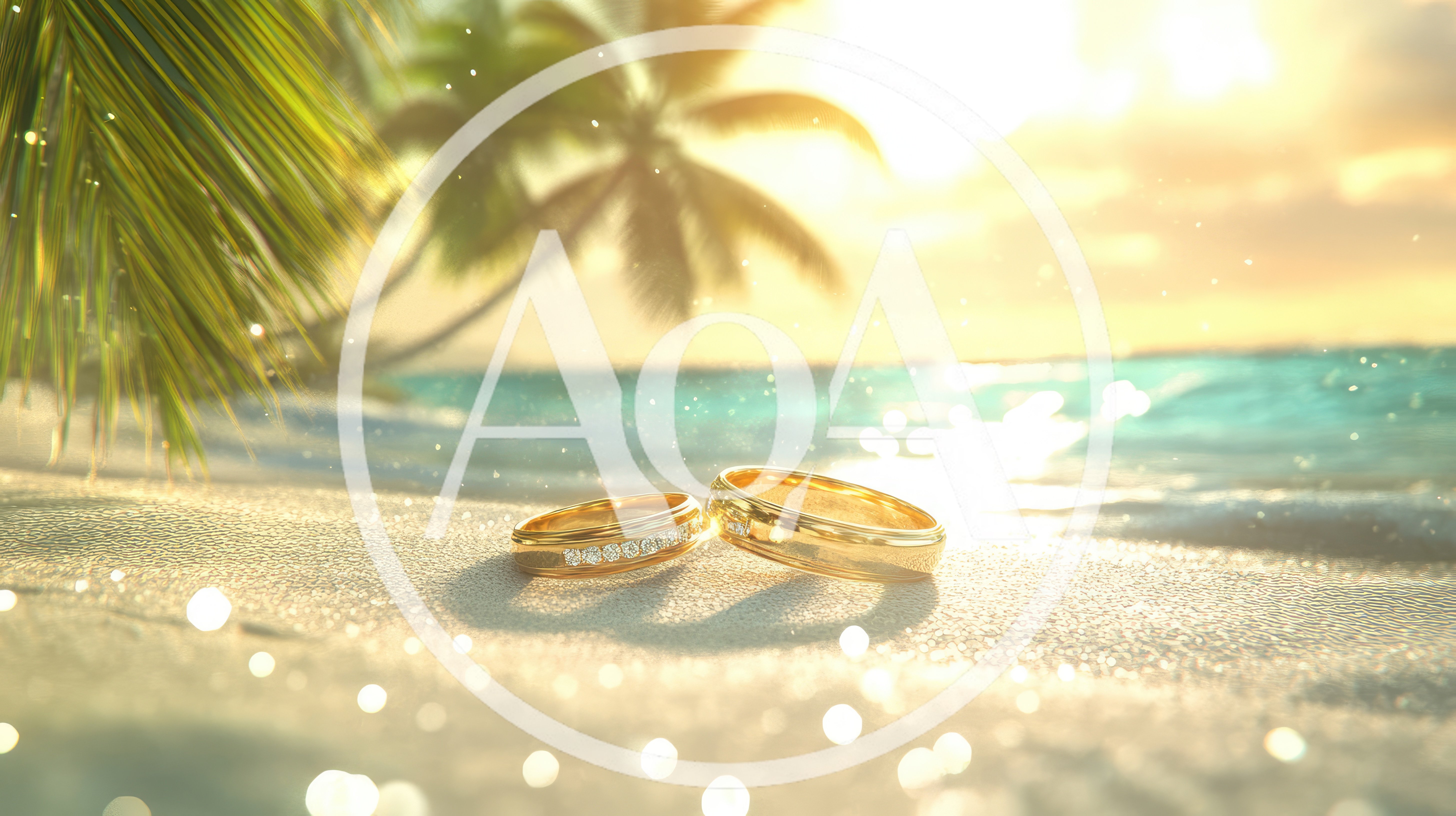 Two Gold Wedding Rings On A Tropical Beach