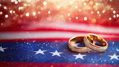 Two Gold Wedding Rings on American Flag Background