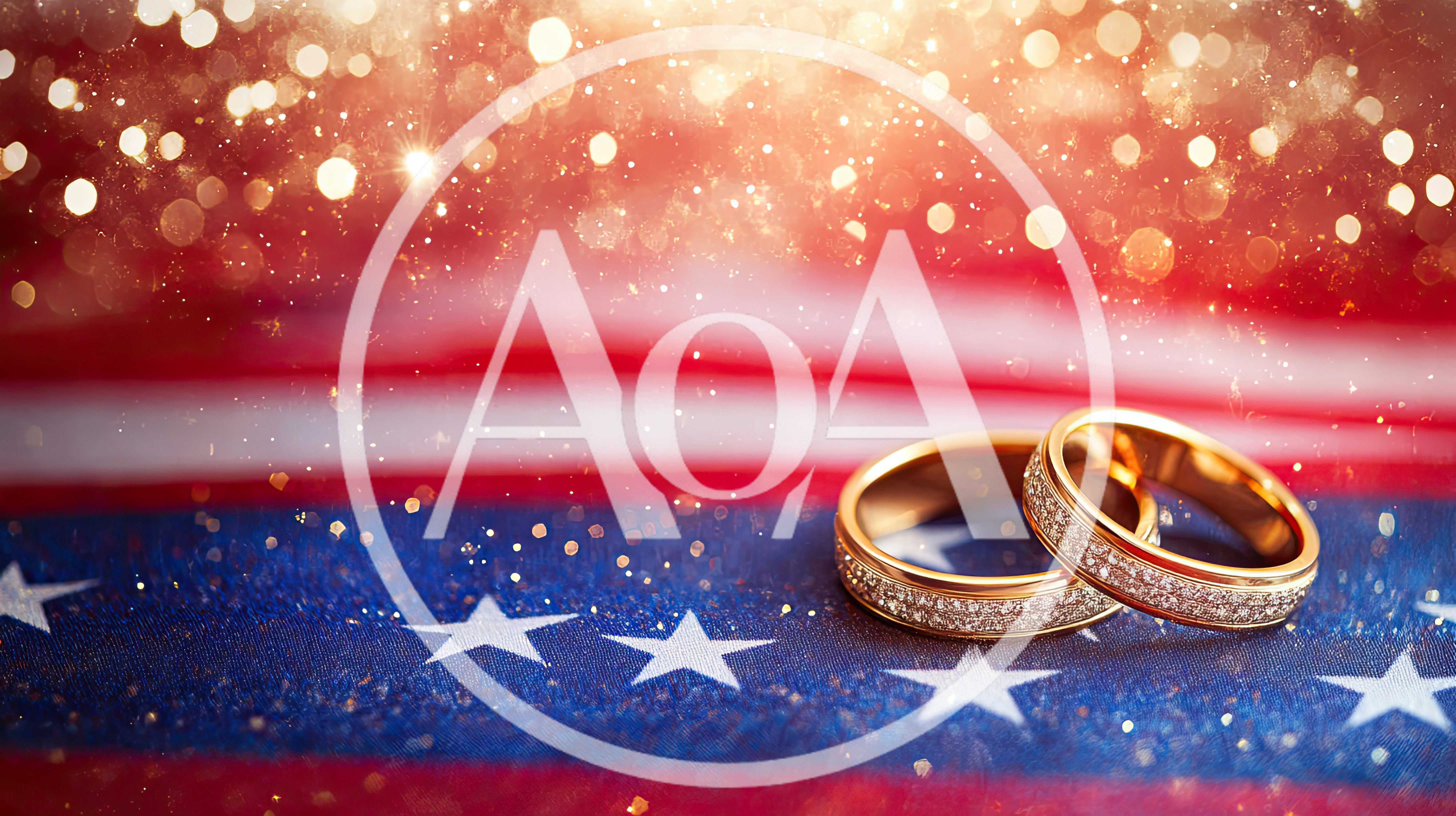 Two Gold Wedding Rings on American Flag Background