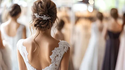 Bride Trying On Wedding Dress In Bridal Boutique