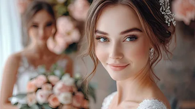 Beautiful Bride With Bridesmaid Holding Wedding Bouquet