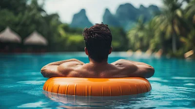 Man Relaxing On Orange Pool Float In Tropical Resort