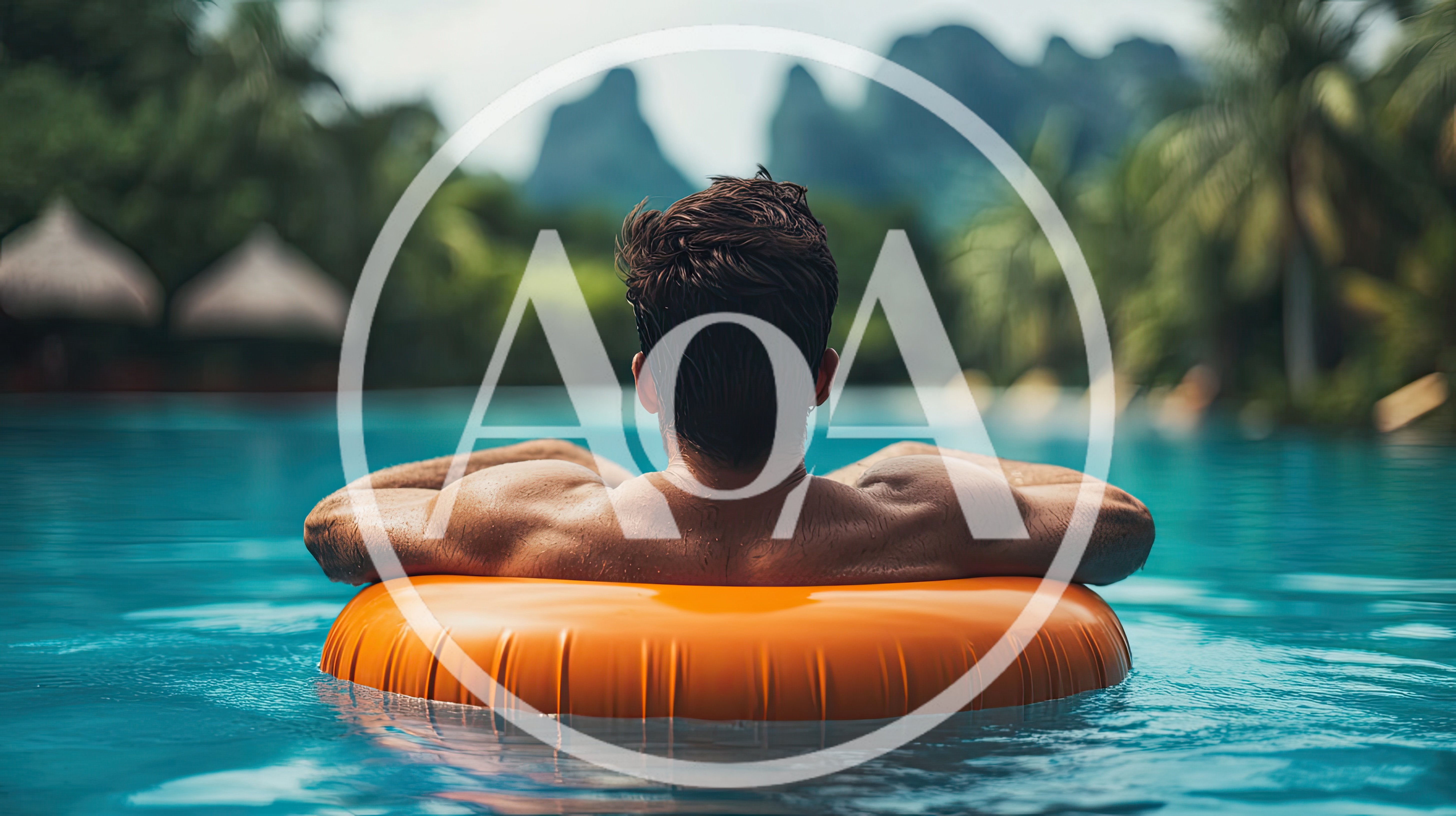 Man Relaxing On Orange Pool Float In Tropical Resort