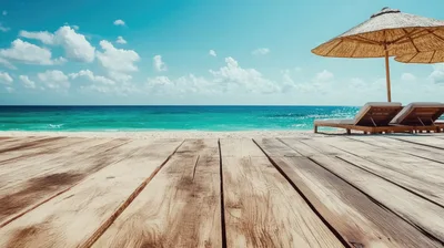 Wooden Deck Overlooking Tropical Beach With Lounge Chairs
