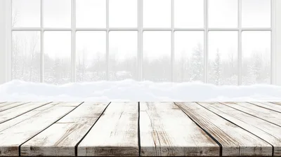 Empty Rustic Wooden Table Against Snowy Winter Window