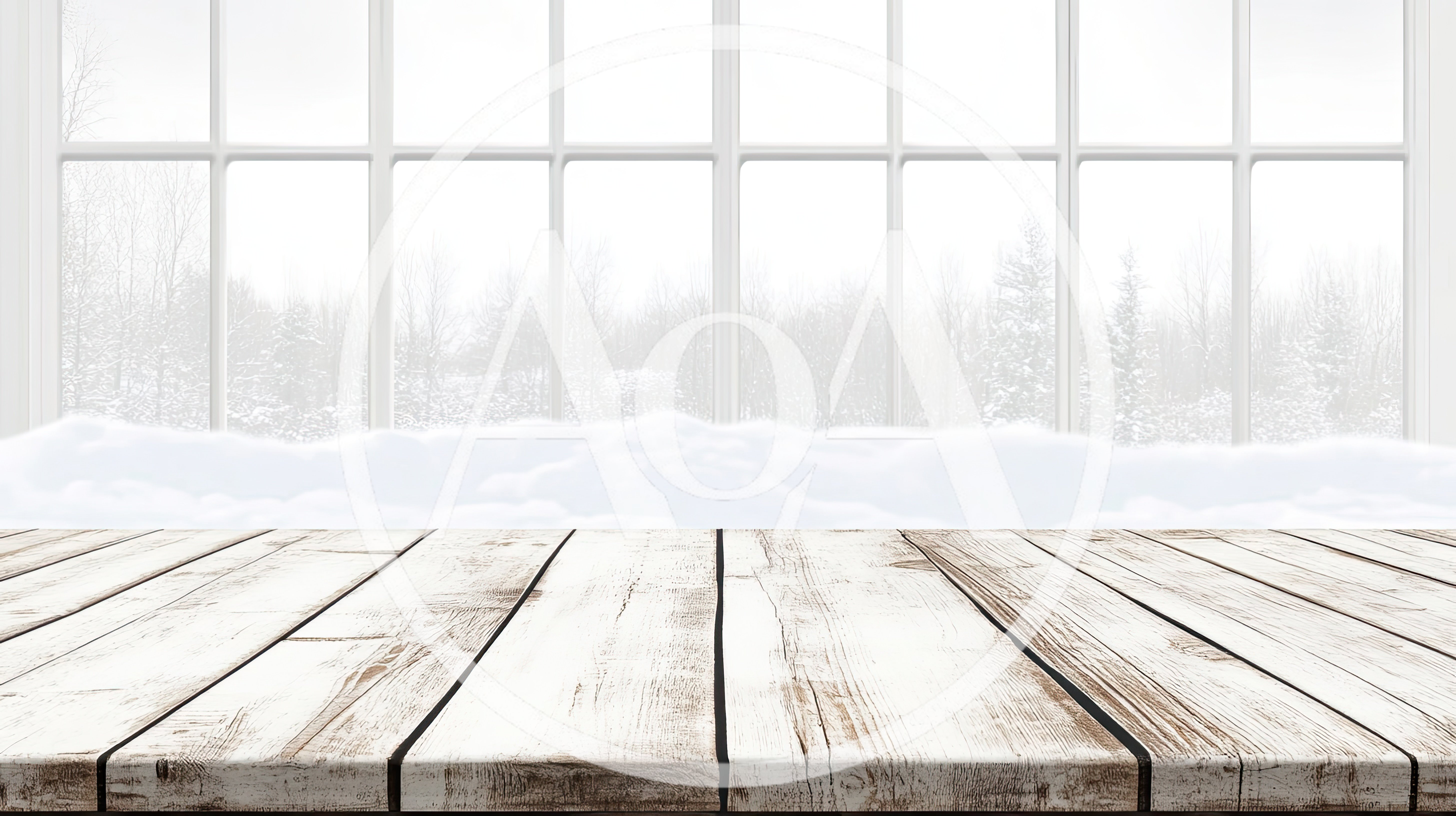 Empty Rustic Wooden Table Against Snowy Winter Window