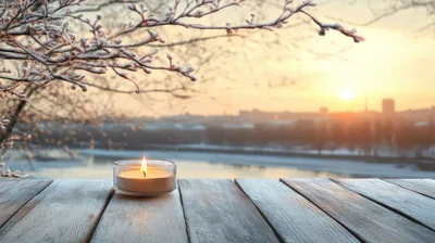 Lit Tea Light Candle On A Frosty Wooden Table