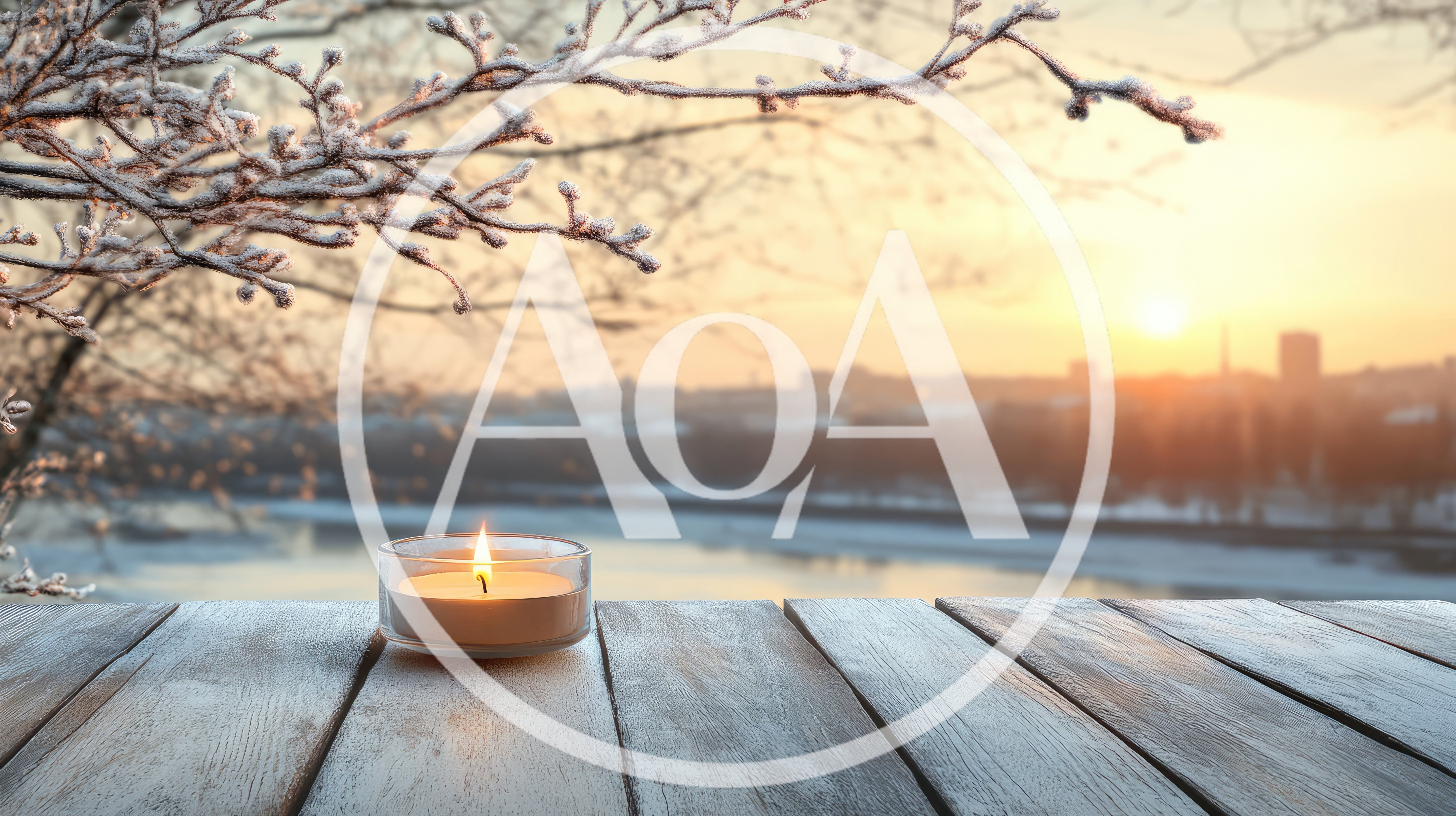 Lit Tea Light Candle On A Frosty Wooden Table