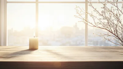 Lit Candle On Wooden Table With City View