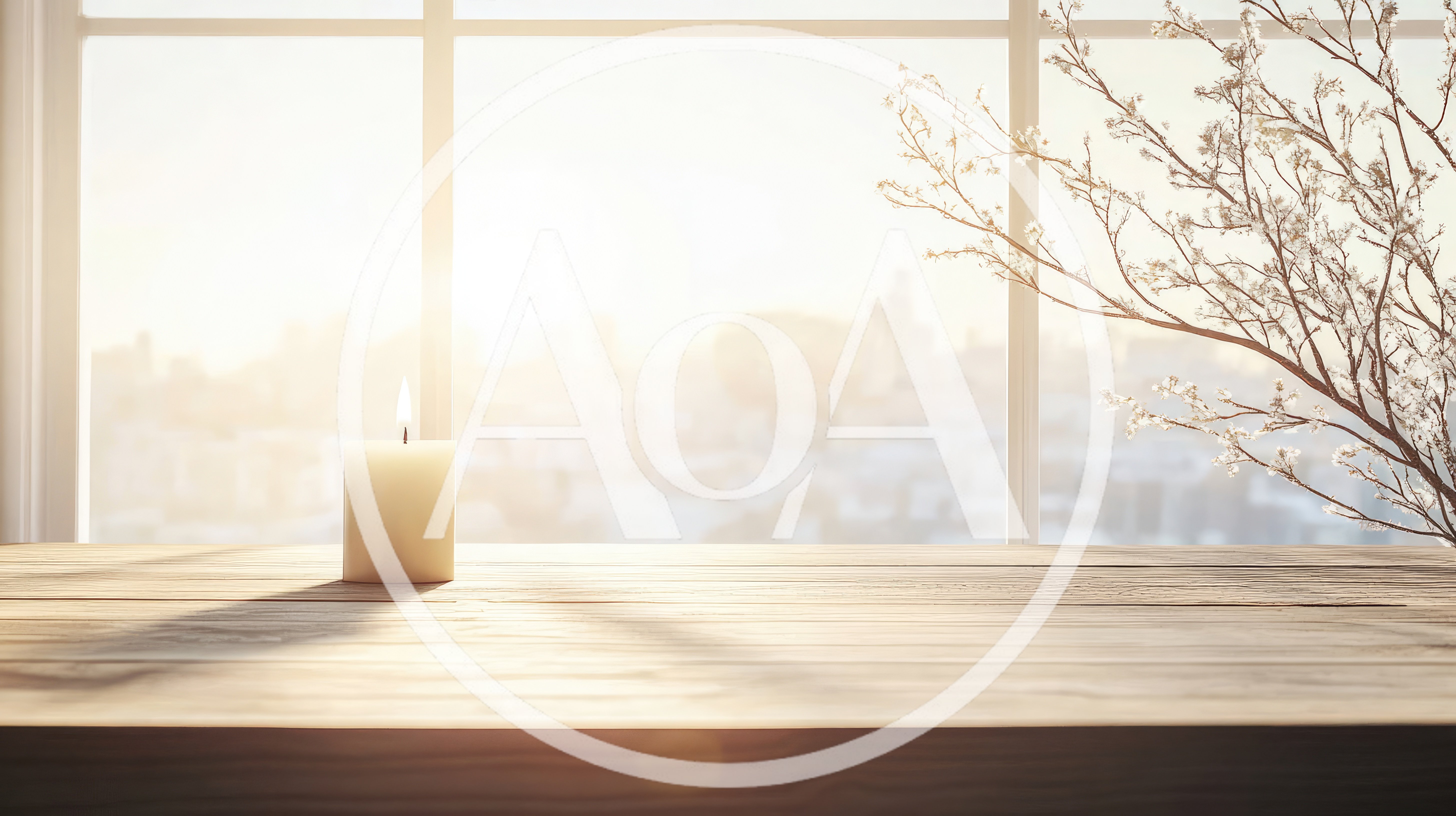 Lit Candle On Wooden Table With City View