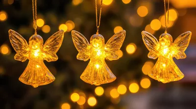 Three Glowing Angel Ornaments Hanging Against Bokeh Lights