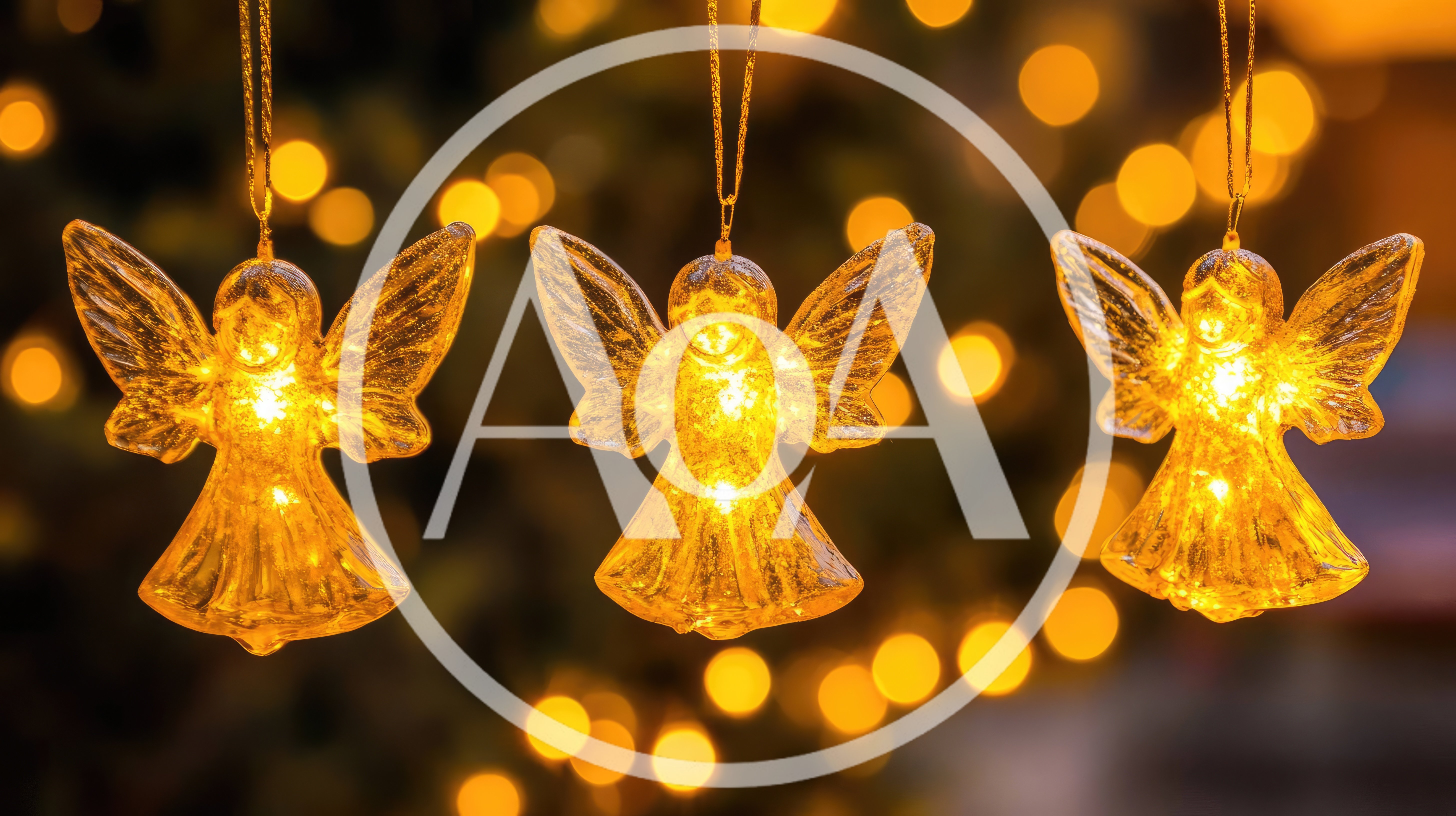 Three Glowing Angel Ornaments Hanging Against Bokeh Lights