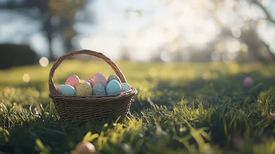 Easter Basket Filled With Decorated Eggs In Grass