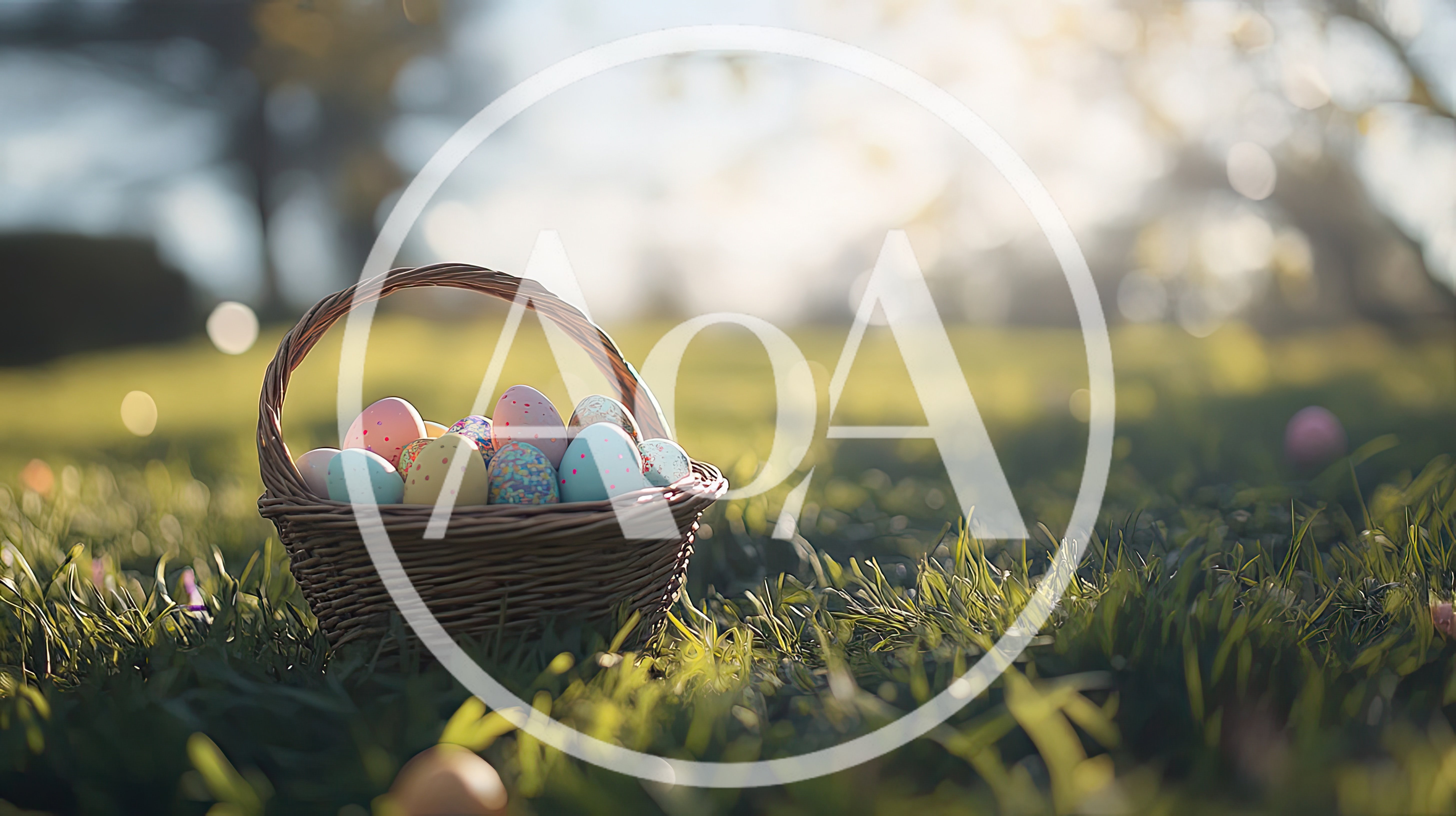 Easter Basket Filled With Decorated Eggs In Grass