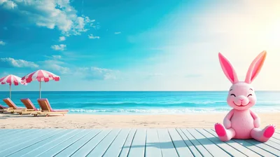 Pink Easter Bunny Sitting On A Sunny Beach Deck