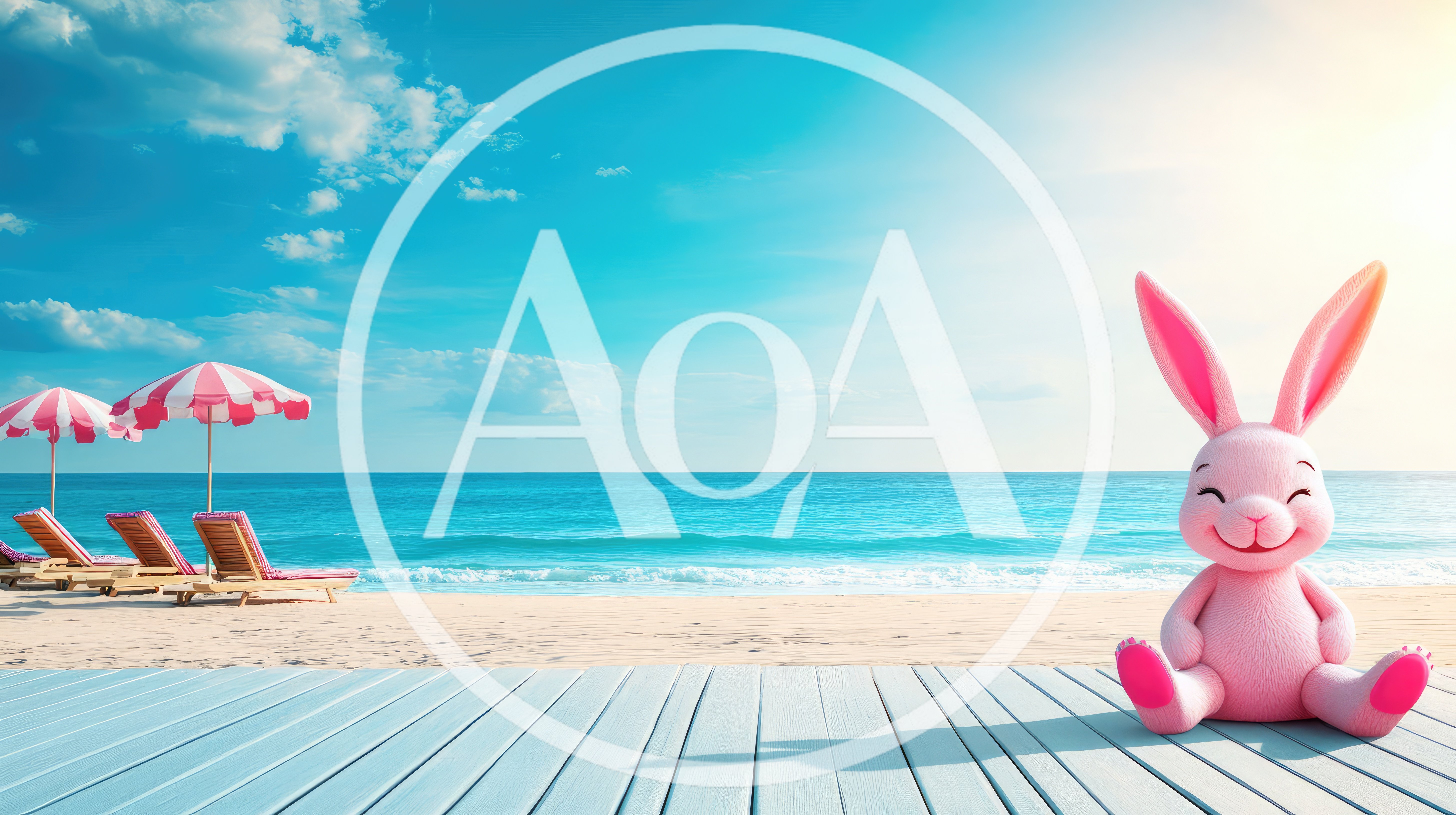 Pink Easter Bunny Sitting On A Sunny Beach Deck