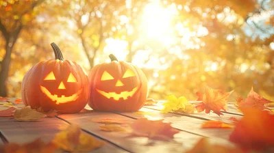 Two Glowing Jack O Lanterns on Wooden Table