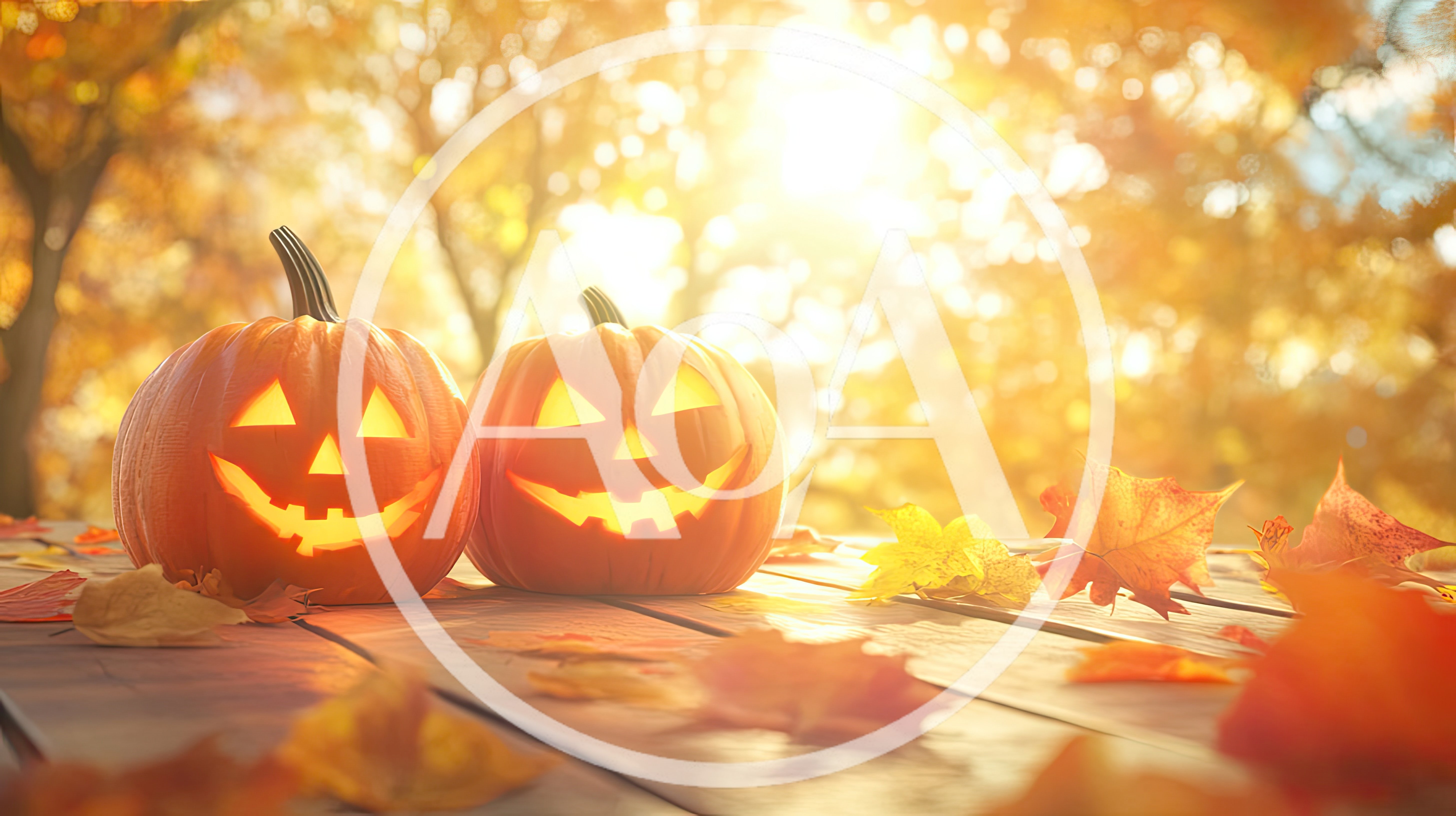Two Glowing Jack O Lanterns on Wooden Table