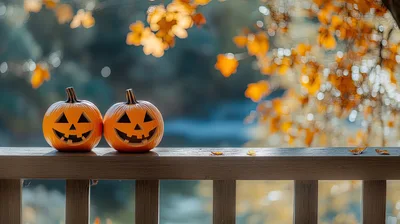 Two Jack-O-Lanterns Sitting On A Wooden Porch Railing