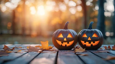 Two Glowing Jack O Lanterns On Wooden Deck