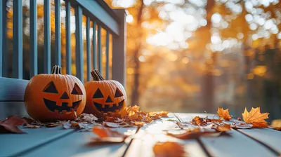 Two Jack-O-Lanterns On A Porch With Autumn Leaves