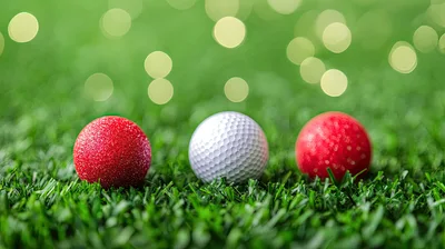 Red Christmas Ornaments and Golf Ball on Grass