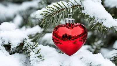 Red Heart Ornament Hanging On Snowy Pine Branch