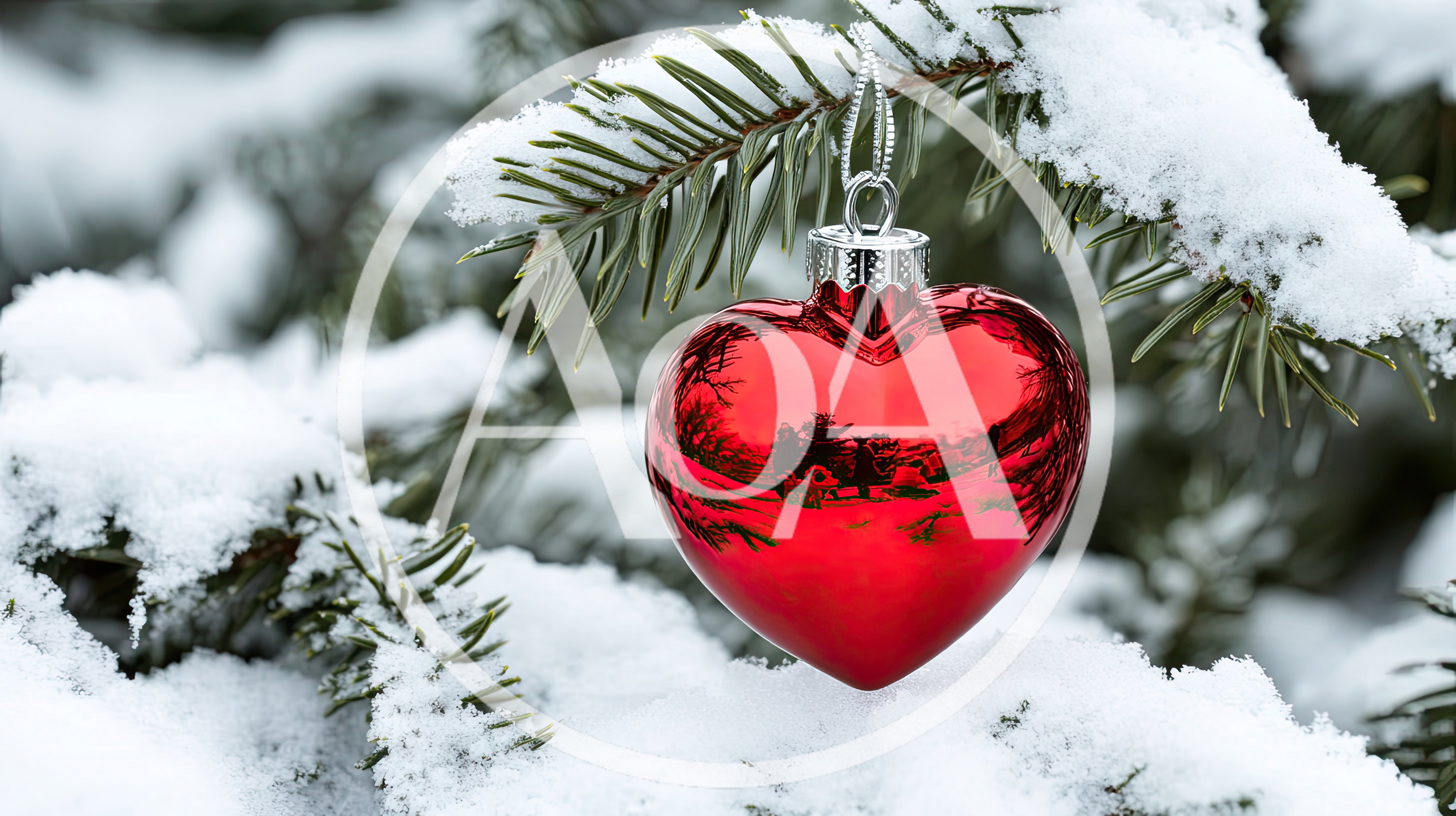 Red Heart Ornament Hanging On Snowy Pine Branch