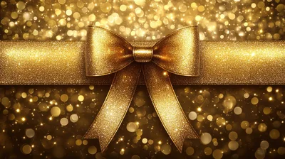 Golden Glittering Ribbon Bow on Sparkling Background