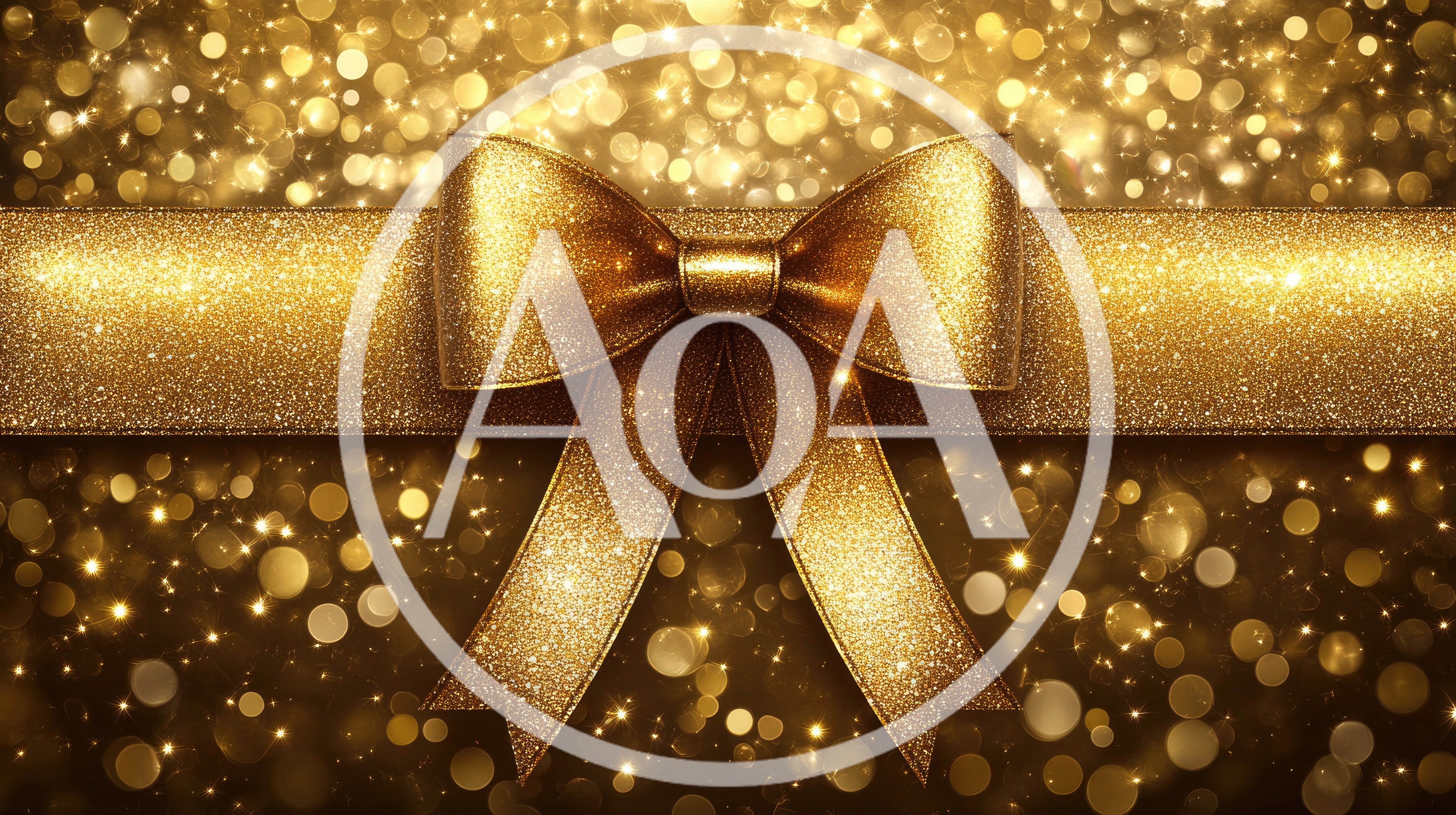 Golden Glittering Ribbon Bow on Sparkling Background