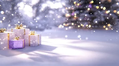 Christmas Gift Boxes In Snowy Winter Landscape
