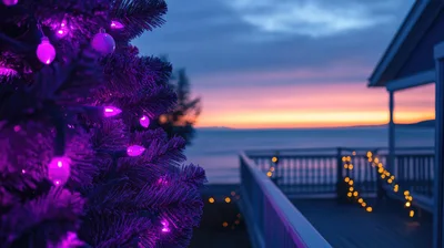Christmas Tree With Purple Lights On A Coastal Deck