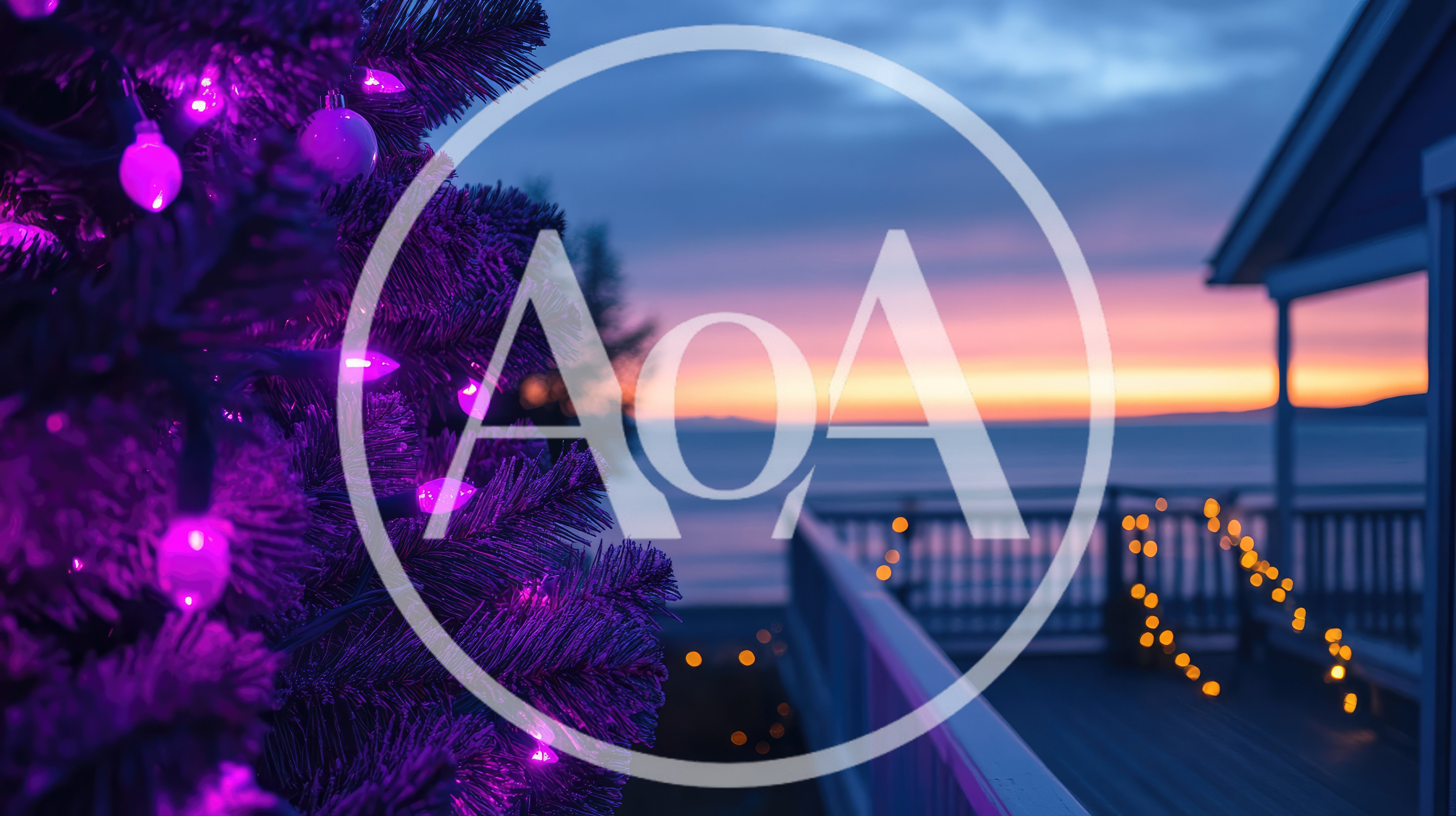 Christmas Tree With Purple Lights On A Coastal Deck