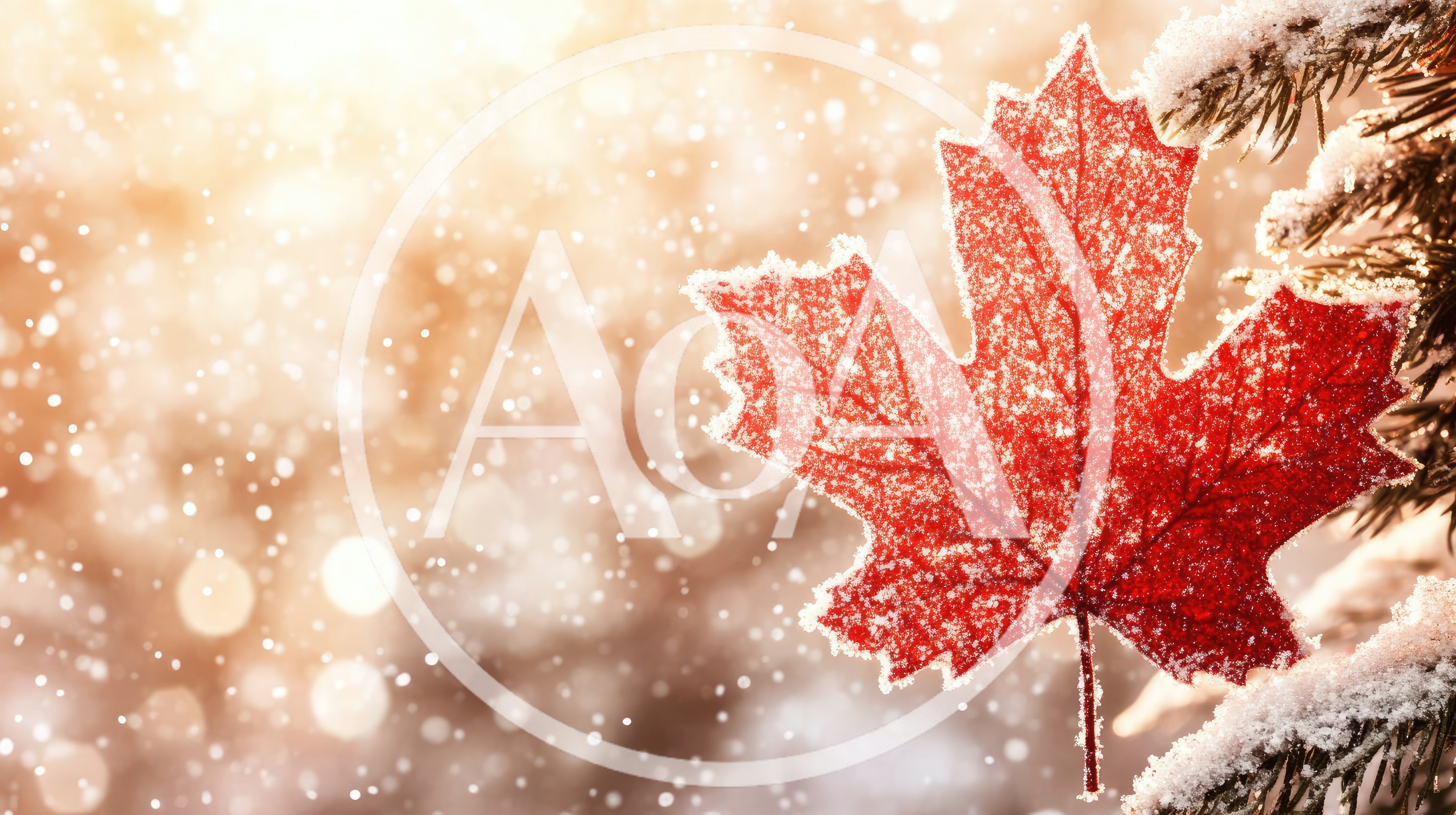 Frost Covered Red Maple Leaf on Pine Branch