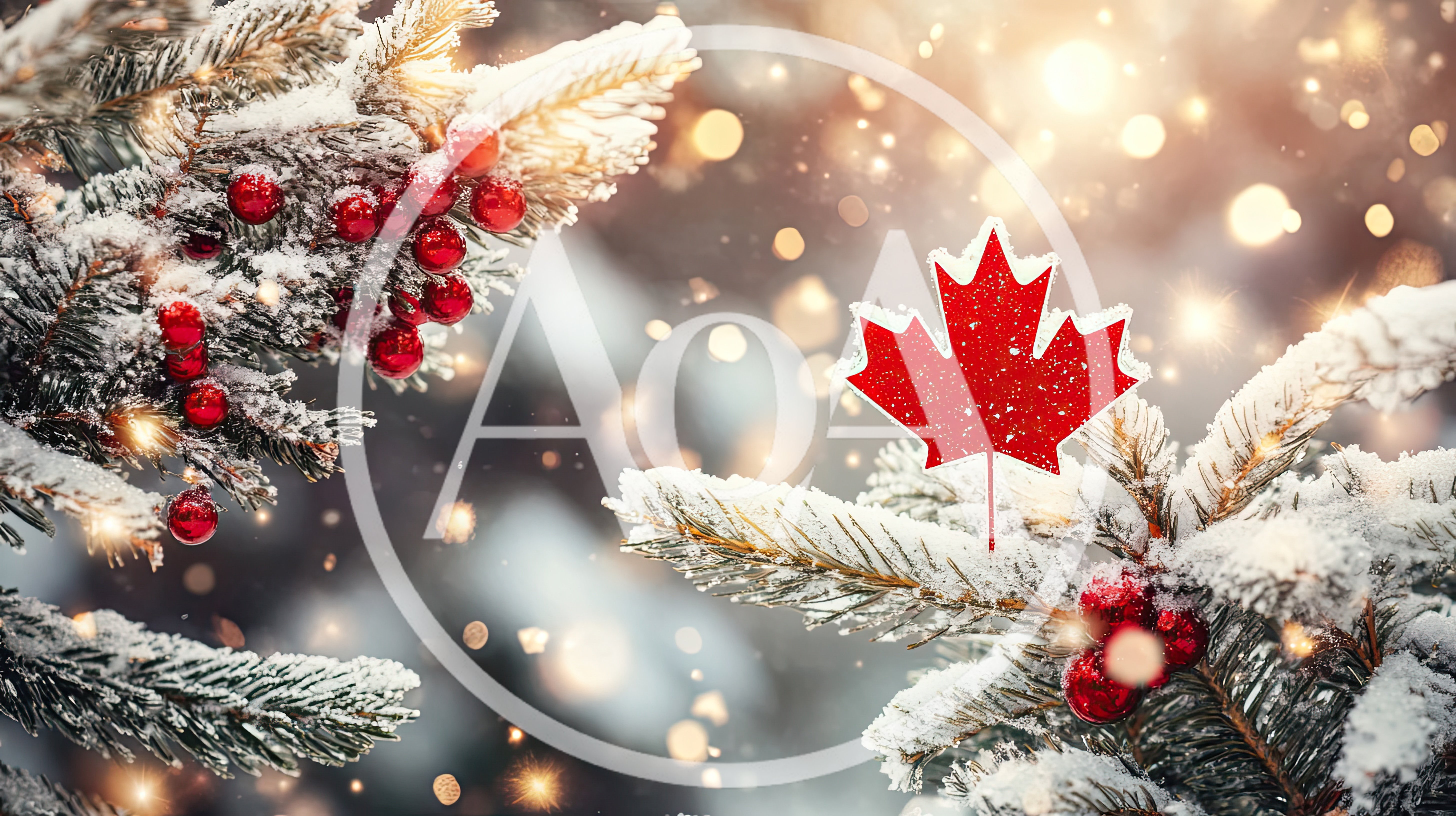Canadian Maple Leaf Ornament on Snowy Pine Branch